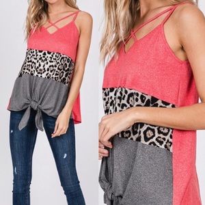 Cassie Leopard Coral Tie Front Tank!